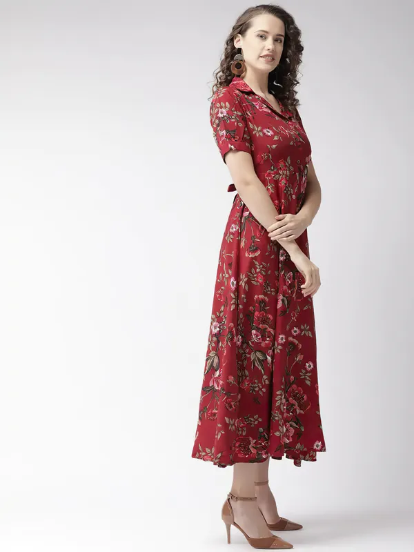 Maroon_&_Olive_Green_Floral_Print_Shirt_Collar,Puff_Sleeves_Maxi_Dress